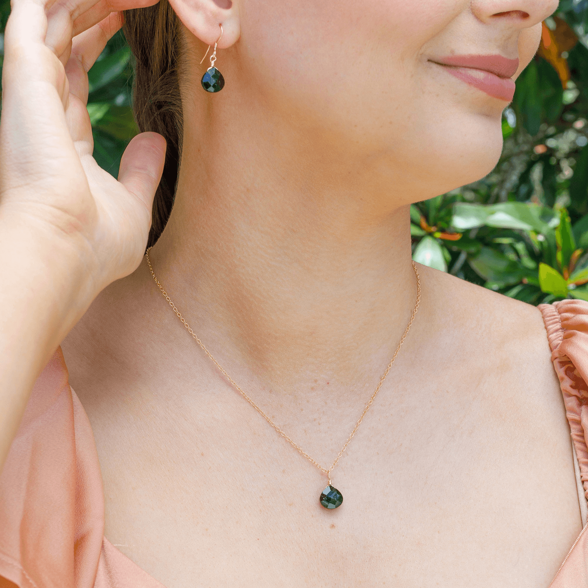 Black Tourmaline Tiny Teardrop Earrings & Necklace Set - Black Tourmaline Tiny Teardrop Earrings & Necklace Set - 14k Gold Fill / Cable - Luna Tide Handmade Crystal Jewellery