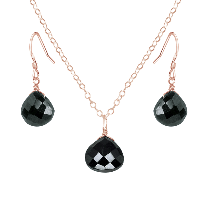 Black Tourmaline Tiny Teardrop Earrings & Necklace Set - Black Tourmaline Tiny Teardrop Earrings & Necklace Set - 14k Rose Gold Fill / Cable - Luna Tide Handmade Crystal Jewellery