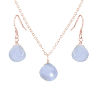 Blue Lace Agate Tiny Teardrop Earrings & Necklace Set - Blue Lace Agate Tiny Teardrop Earrings & Necklace Set - 14k Rose Gold Fill / Cable - Luna Tide Handmade Crystal Jewellery