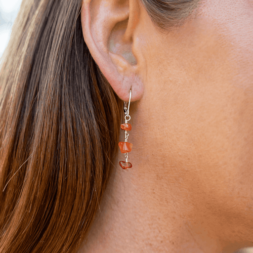 Carnelian Crystal Beaded Chain Dangle Leverback Earrings - Carnelian Crystal Beaded Chain Dangle Leverback Earrings - Sterling Silver - Luna Tide Handmade Crystal Jewellery