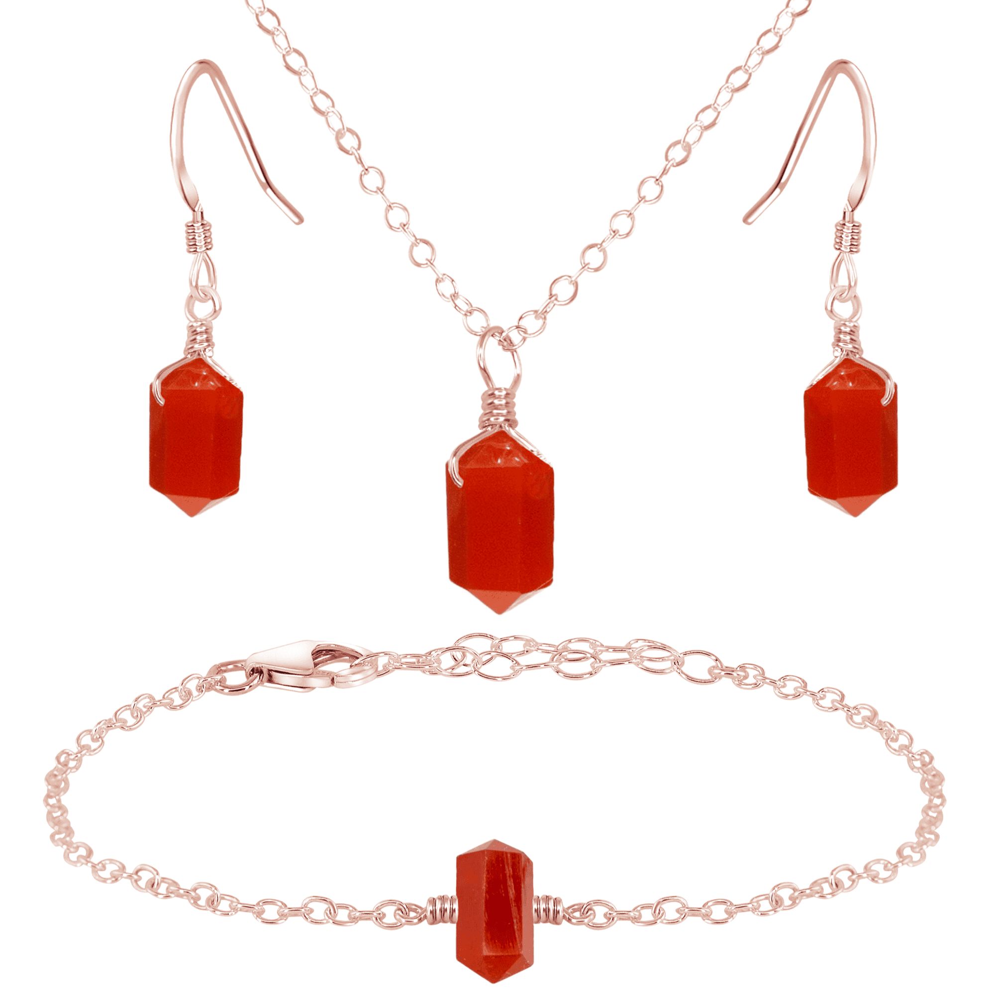 Carnelian Double Terminated Crystal Earrings, Necklace & Bracelet Set - Carnelian Double Terminated Crystal Earrings, Necklace & Bracelet Set - 14k Rose Gold Fill - Luna Tide Handmade Crystal Jewellery