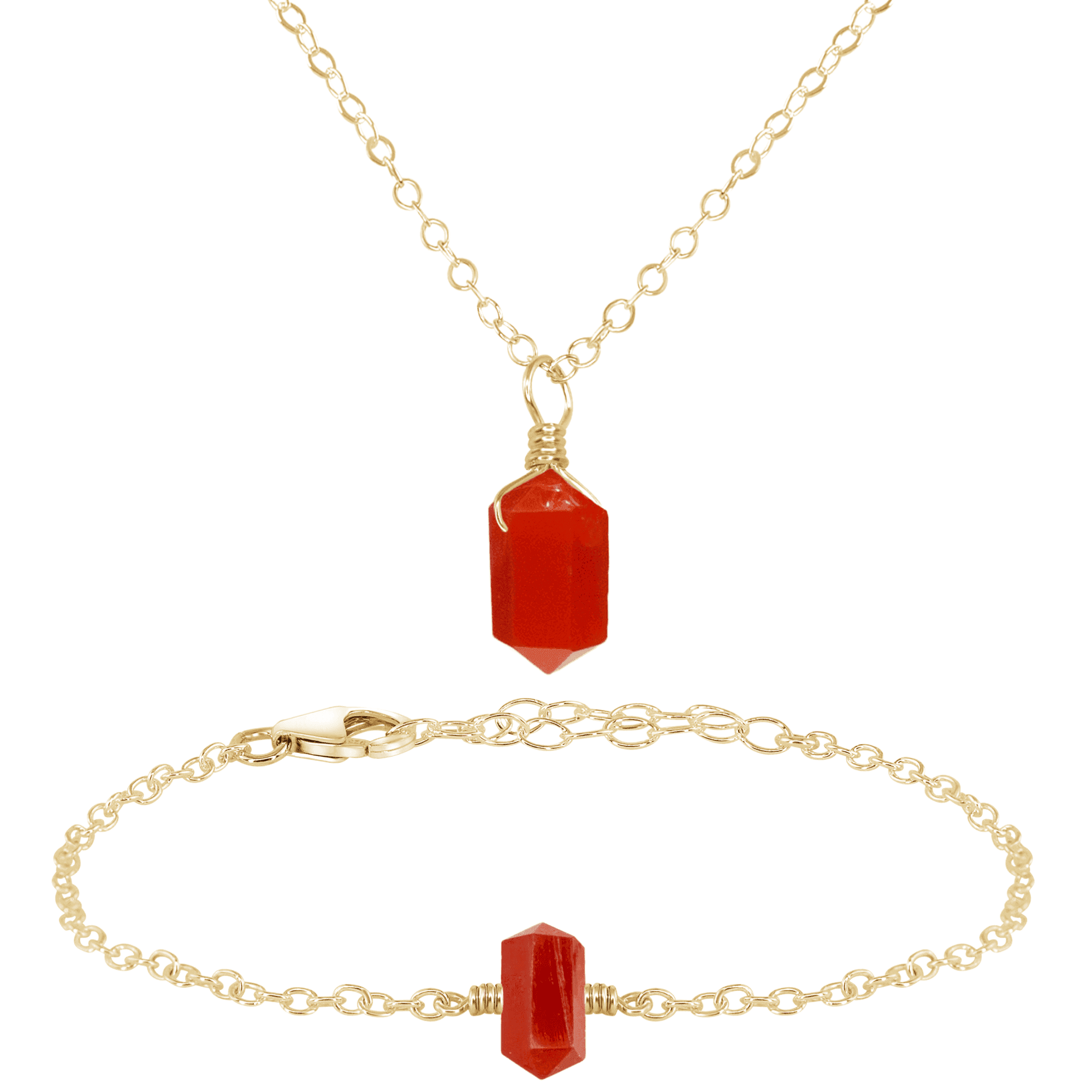Carnelian Double Terminated Crystal Necklace & Bracelet Set - Carnelian Double Terminated Crystal Necklace & Bracelet Set - 14k Gold Fill - Luna Tide Handmade Crystal Jewellery