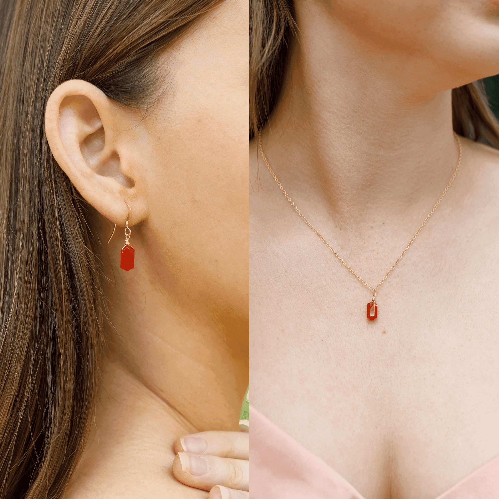 Carnelian Mini Double Terminated Crystal Point Earrings & Necklace Set - Carnelian Mini Double Terminated Crystal Point Earrings & Necklace Set - 14k Gold Fill - Luna Tide Handmade Crystal Jewellery