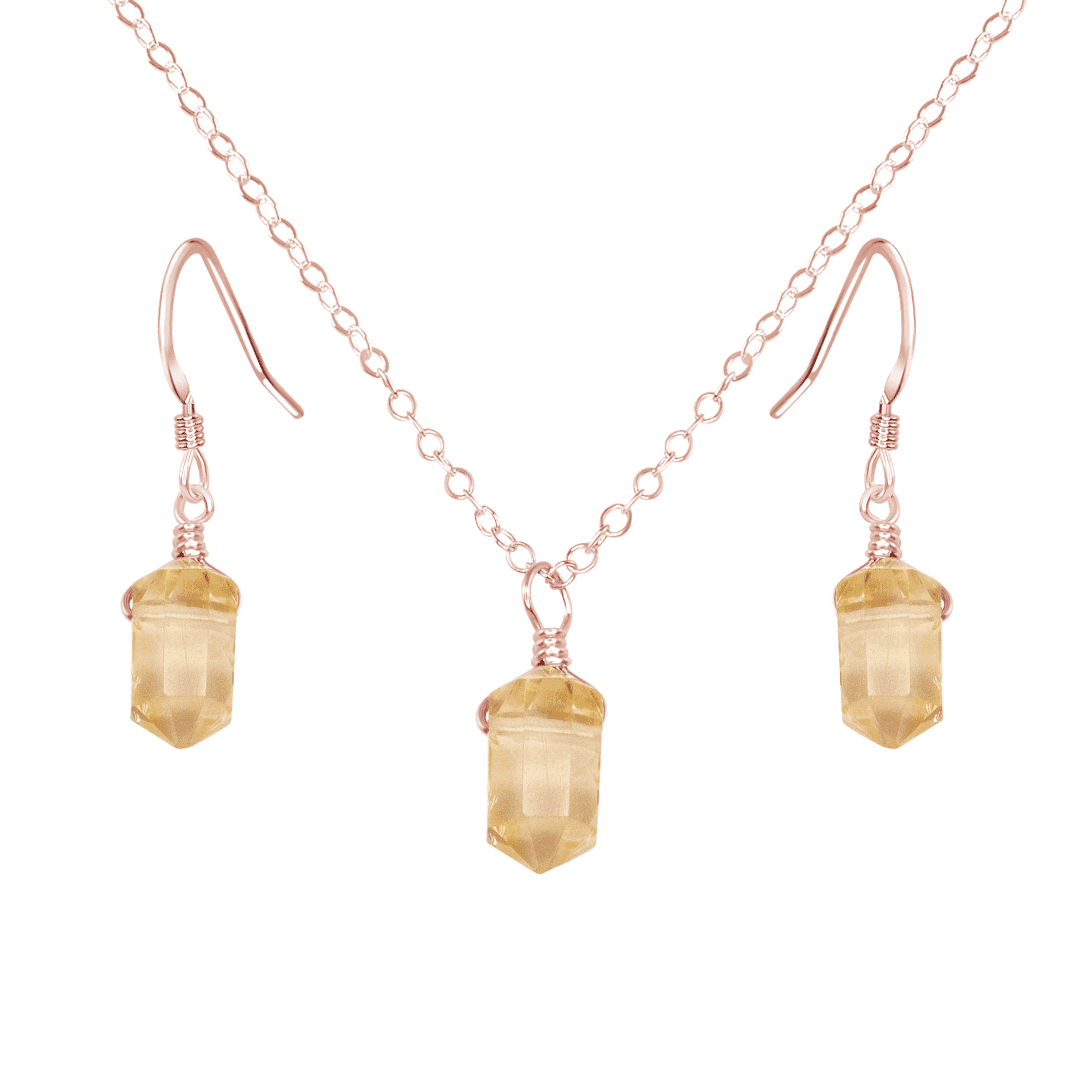 Citrine Mini Double Terminated Crystal Point Earrings & Necklace Set - Citrine Mini Double Terminated Crystal Point Earrings & Necklace Set - 14k Rose Gold Fill - Luna Tide Handmade Crystal Jewellery