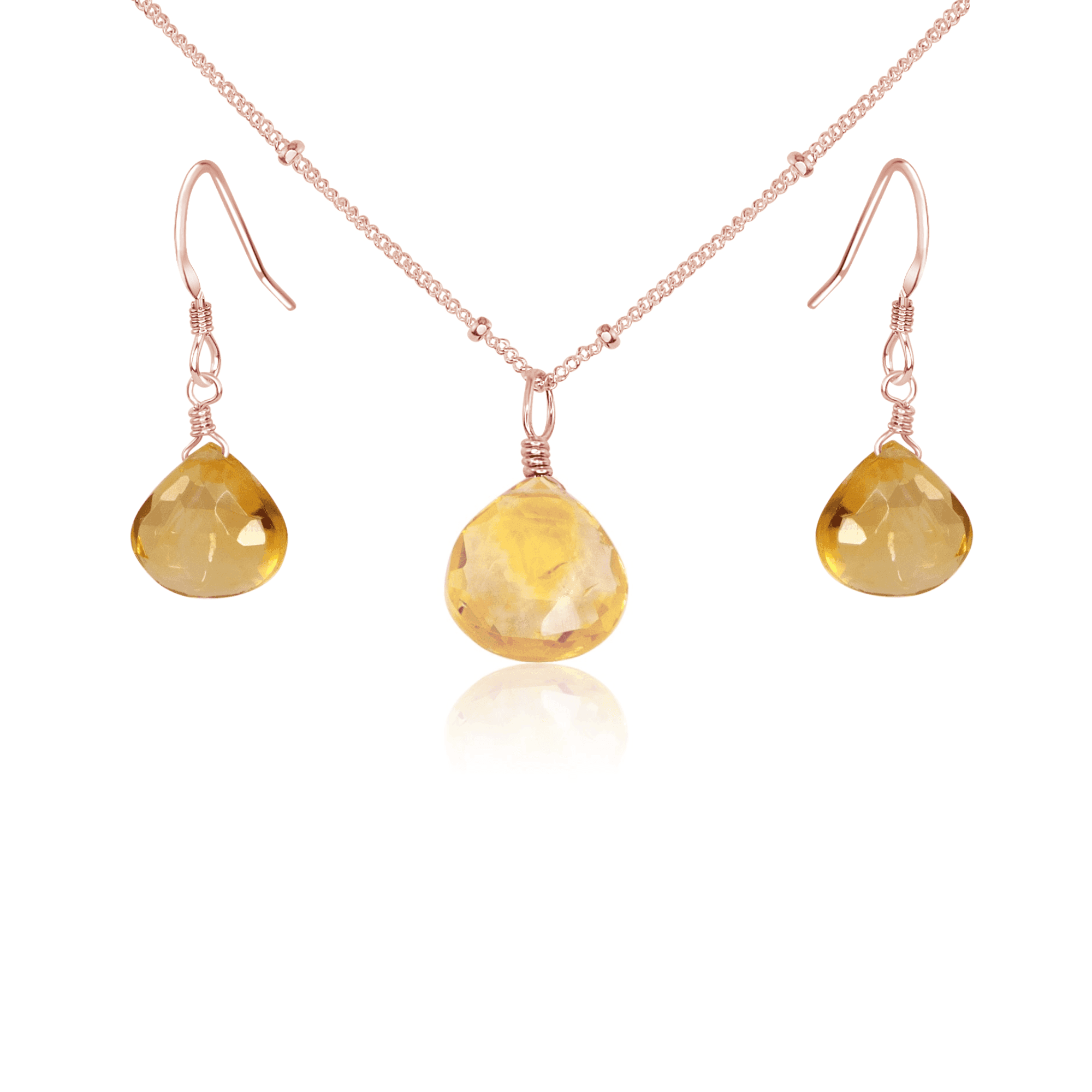 Citrine Tiny Teardrop Earrings & Necklace Set - Citrine Tiny Teardrop Earrings & Necklace Set - 14k Rose Gold Fill / Satellite - Luna Tide Handmade Crystal Jewellery