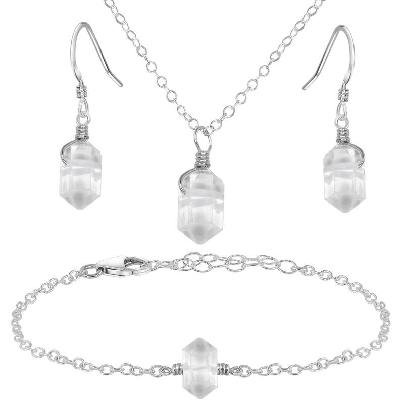 Crystal Quartz Double Terminated Earrings, Necklace & Bracelet Set - Crystal Quartz Double Terminated Earrings, Necklace & Bracelet Set - Sterling Silver - Luna Tide Handmade Crystal Jewellery