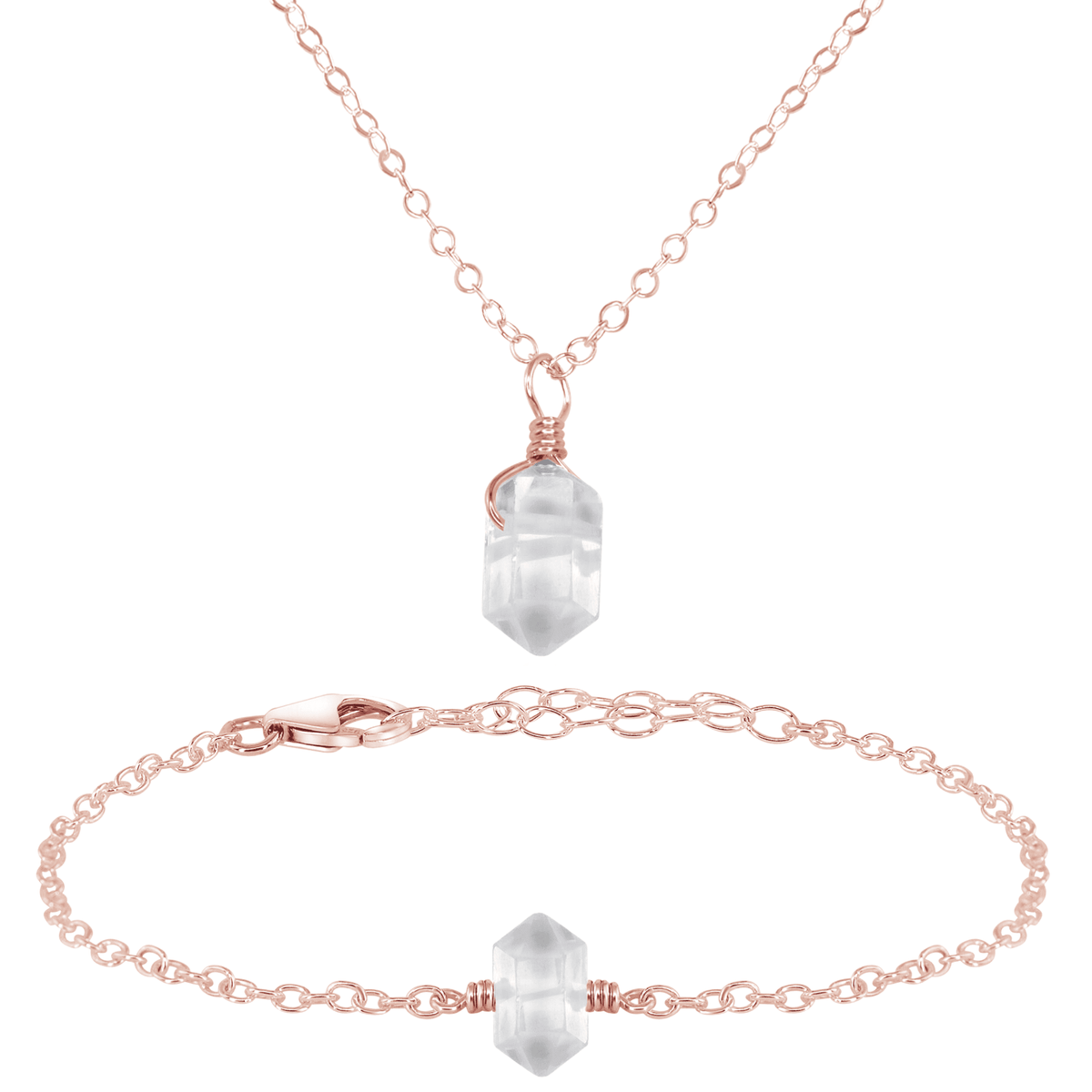 Crystal Quartz Double Terminated Necklace & Bracelet Set - Crystal Quartz Double Terminated Necklace & Bracelet Set - 14k Rose Gold Fill - Luna Tide Handmade Crystal Jewellery