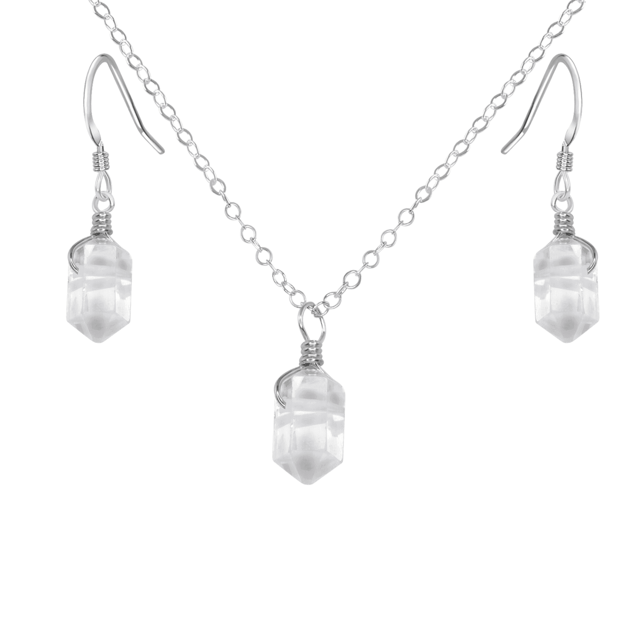 Crystal Quartz Mini Double Terminated Point Earrings & Necklace Set - Crystal Quartz Mini Double Terminated Point Earrings & Necklace Set - Sterling Silver - Luna Tide Handmade Crystal Jewellery