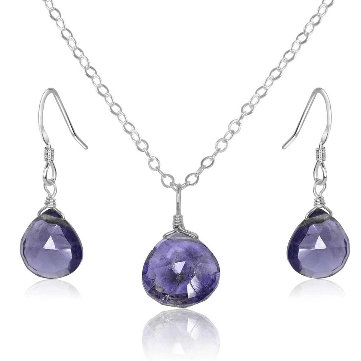 Iolite Tiny Teardrop Earrings & Necklace Set - Iolite Tiny Teardrop Earrings & Necklace Set - Sterling Silver / Cable - Luna Tide Handmade Crystal Jewellery