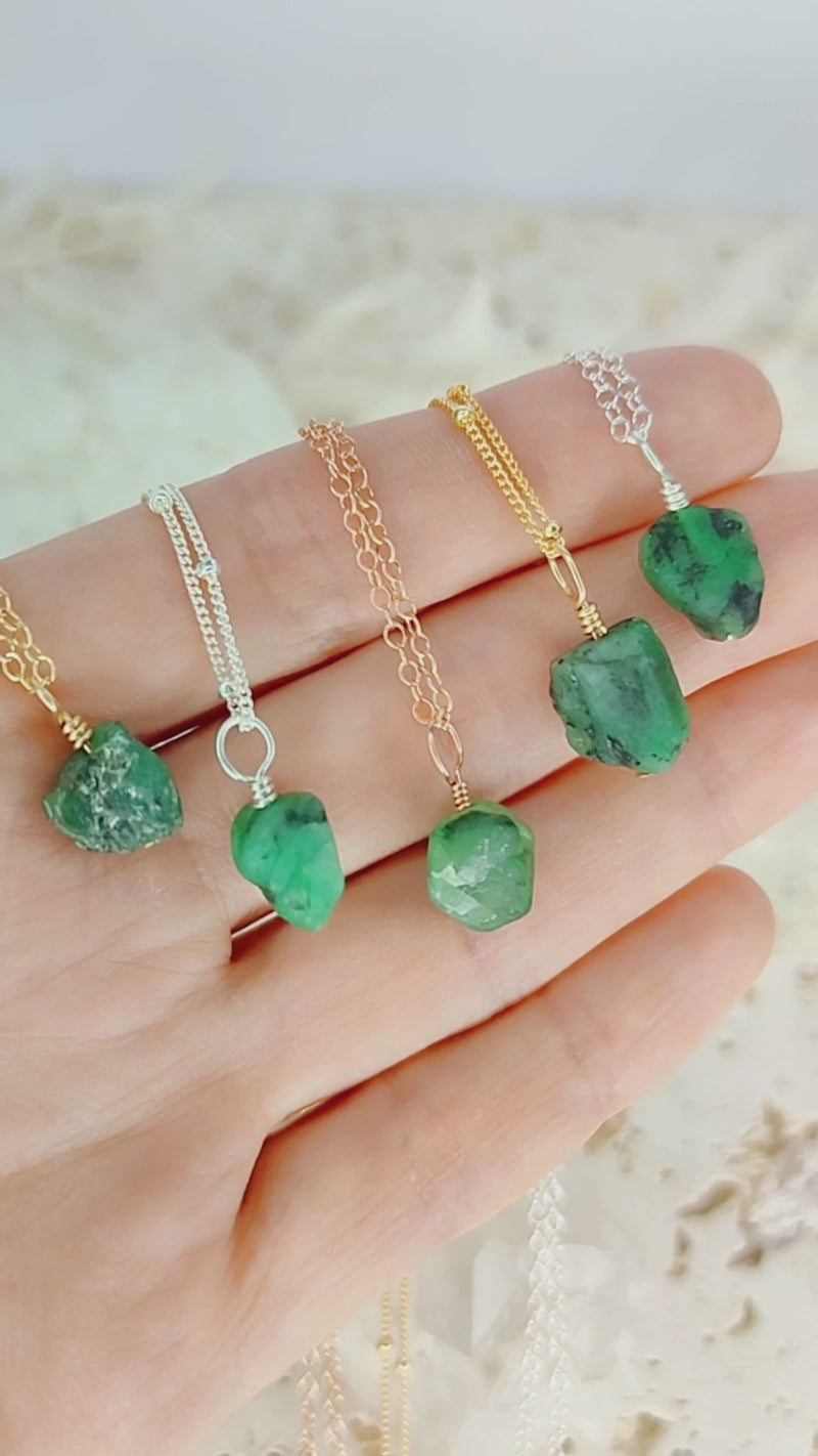 Tiny Raw Emerald Pendant Necklace