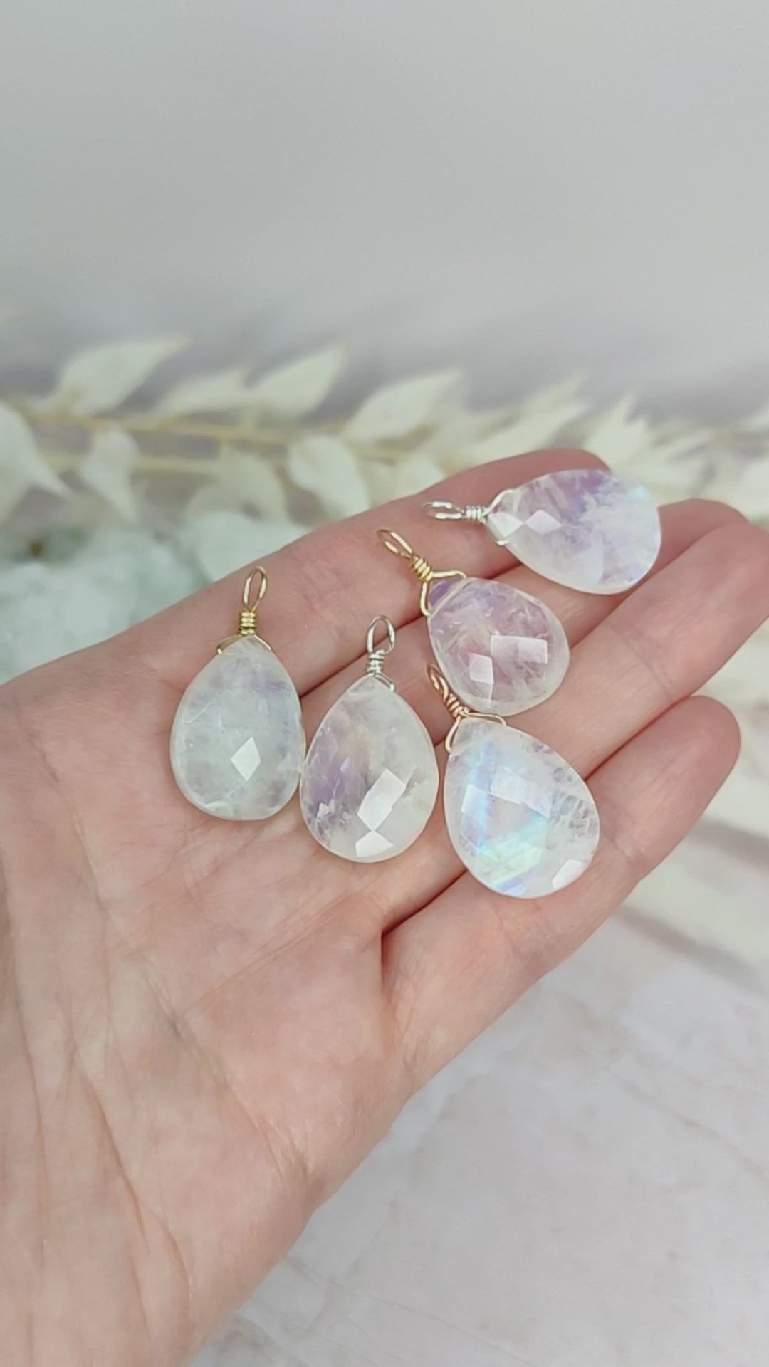 Large Rainbow Moonstone Faceted Pear Crystal Pendant