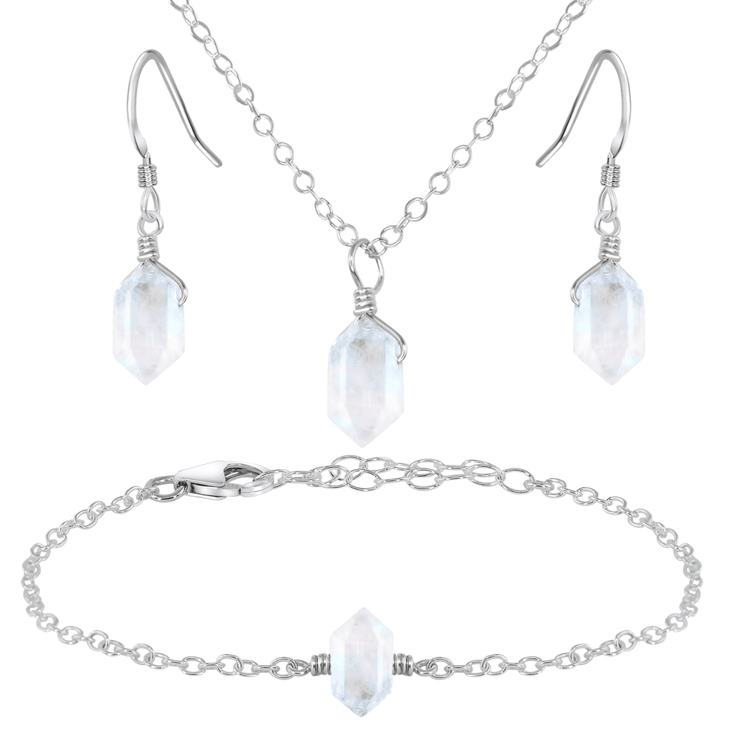 Rainbow Moonstone Double Terminated Crystal Earrings, Necklace & Bracelet Set - Rainbow Moonstone Double Terminated Crystal Earrings, Necklace & Bracelet Set - Sterling Silver - Luna Tide Handmade Crystal Jewellery