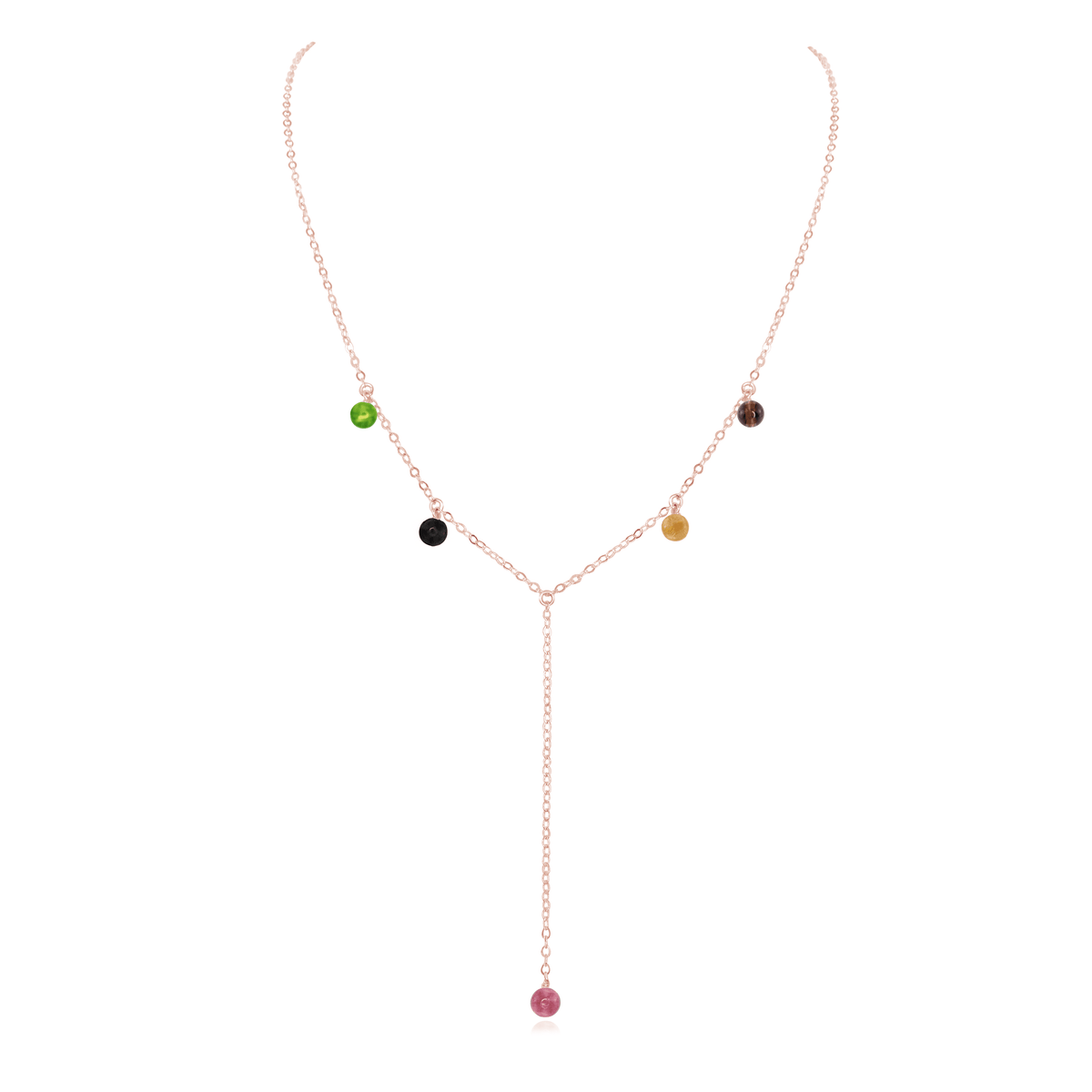 Rainbow Tourmaline Boho Lariat Necklace - Rainbow Tourmaline Boho Lariat Necklace - 14k Rose Gold Fill - Luna Tide Handmade Crystal Jewellery