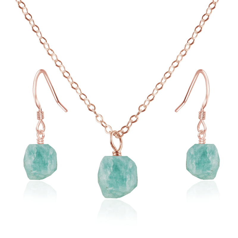 Raw Amazonite Crystal Earrings & Necklace Set - Raw Amazonite Crystal Earrings & Necklace Set - 14k Rose Gold Fill / Cable - Luna Tide Handmade Crystal Jewellery
