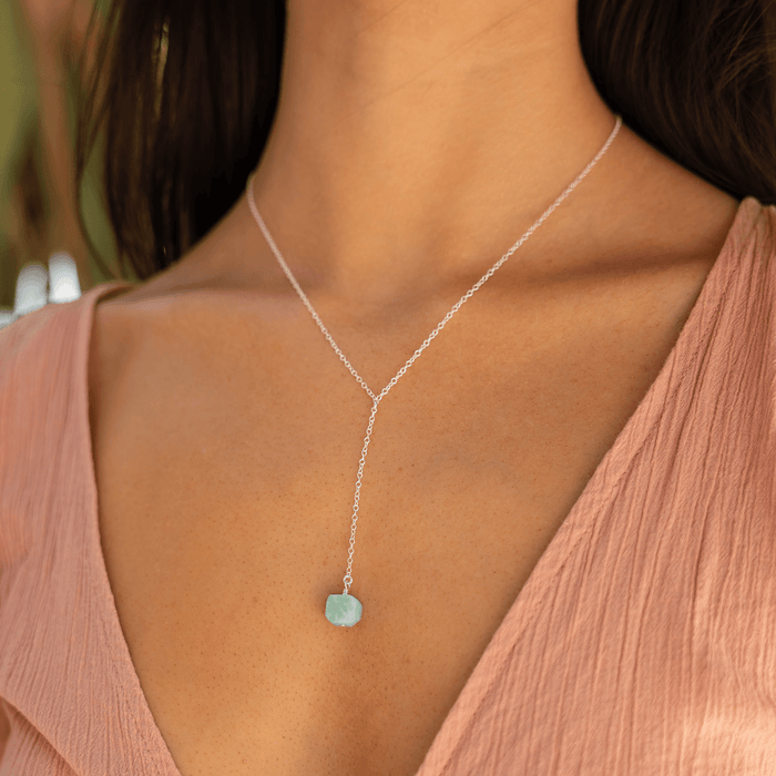 Raw Amazonite Crystal Lariat Necklace - Raw Amazonite Crystal Lariat Necklace - Sterling Silver - Luna Tide Handmade Crystal Jewellery