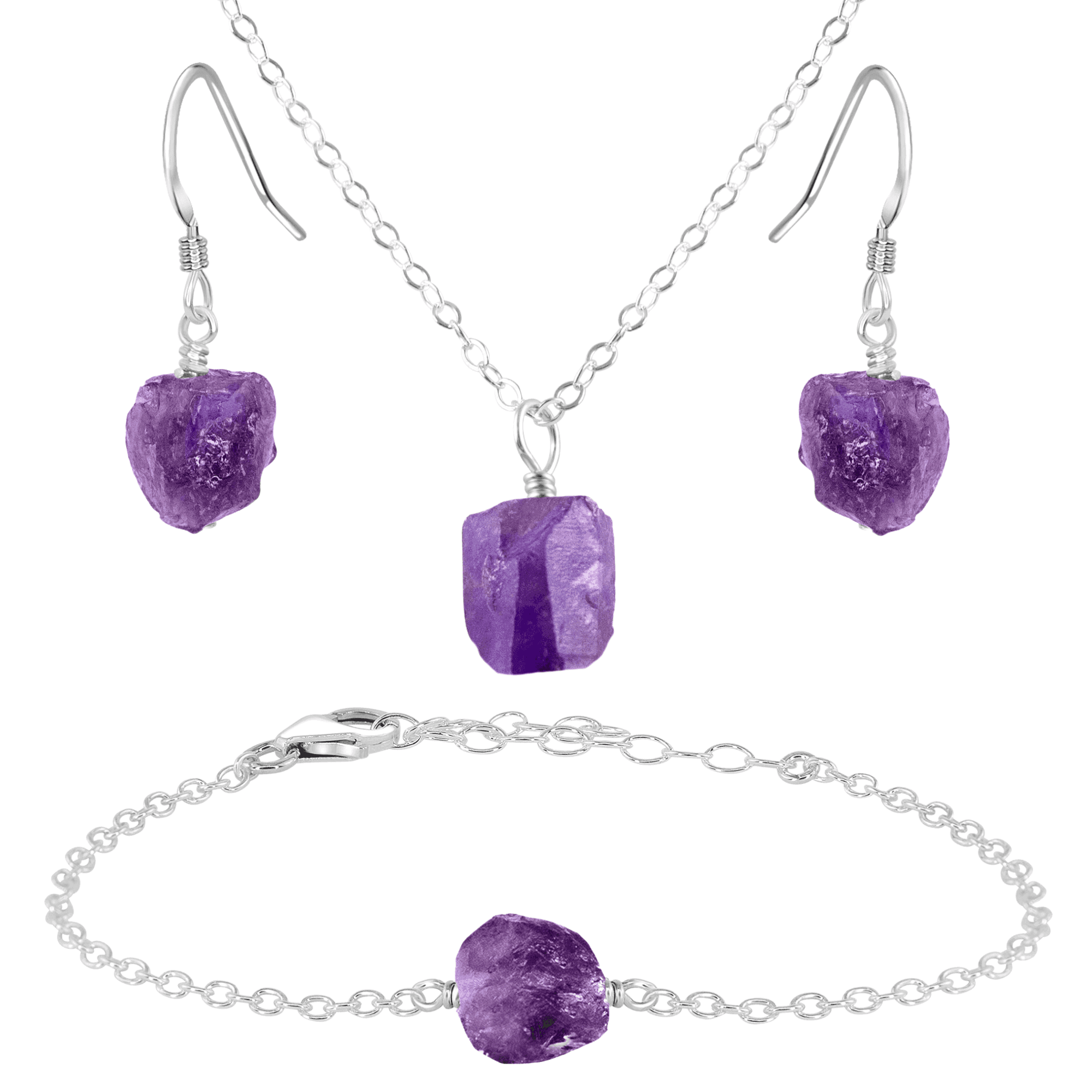 Raw Amethyst Crystal Earrings, Necklace & Bracelet Set - Raw Amethyst Crystal Earrings, Necklace & Bracelet Set - Sterling Silver - Luna Tide Handmade Crystal Jewellery