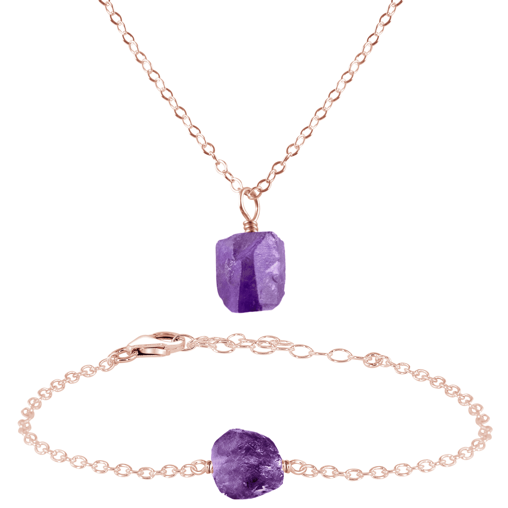 Raw Amethyst Crystal Necklace & Bracelet Set - Raw Amethyst Crystal Necklace & Bracelet Set - 14k Rose Gold Fill - Luna Tide Handmade Crystal Jewellery