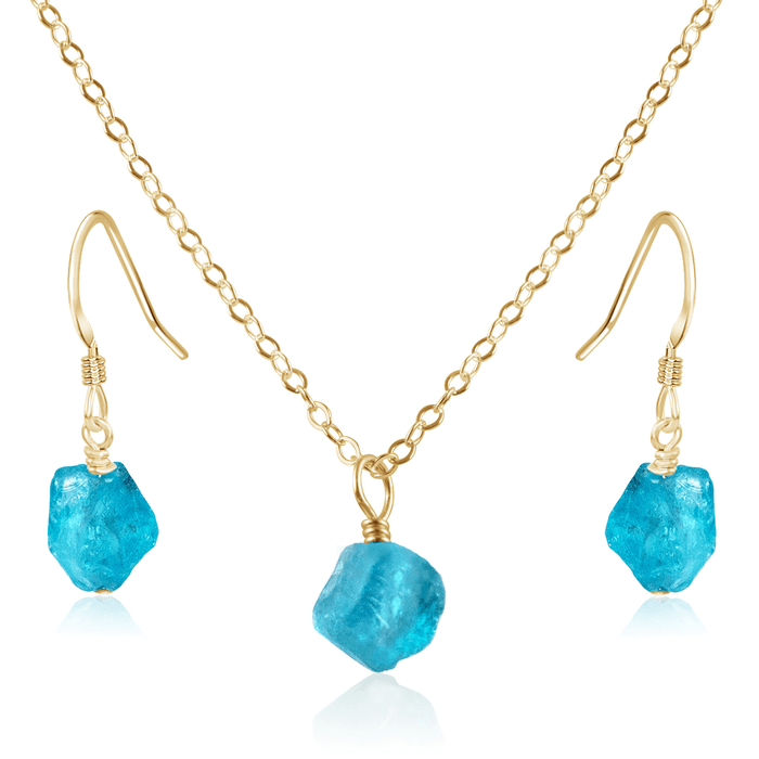 Raw Apatite Crystal Jewellery Set - Raw Apatite Crystal Jewellery Set - 14k Gold Fill / Cable / Necklace & Earrings - Luna Tide Handmade Crystal Jewellery