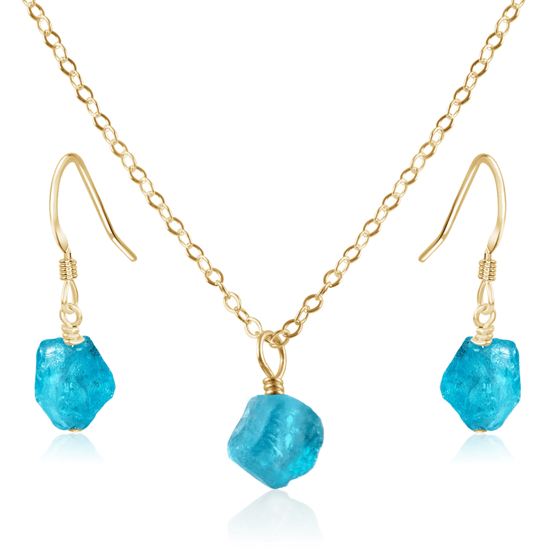 Raw Apatite Crystal Earrings & Necklace Set - Raw Apatite Crystal Earrings & Necklace Set - 14k Gold Fill / Cable - Luna Tide Handmade Crystal Jewellery