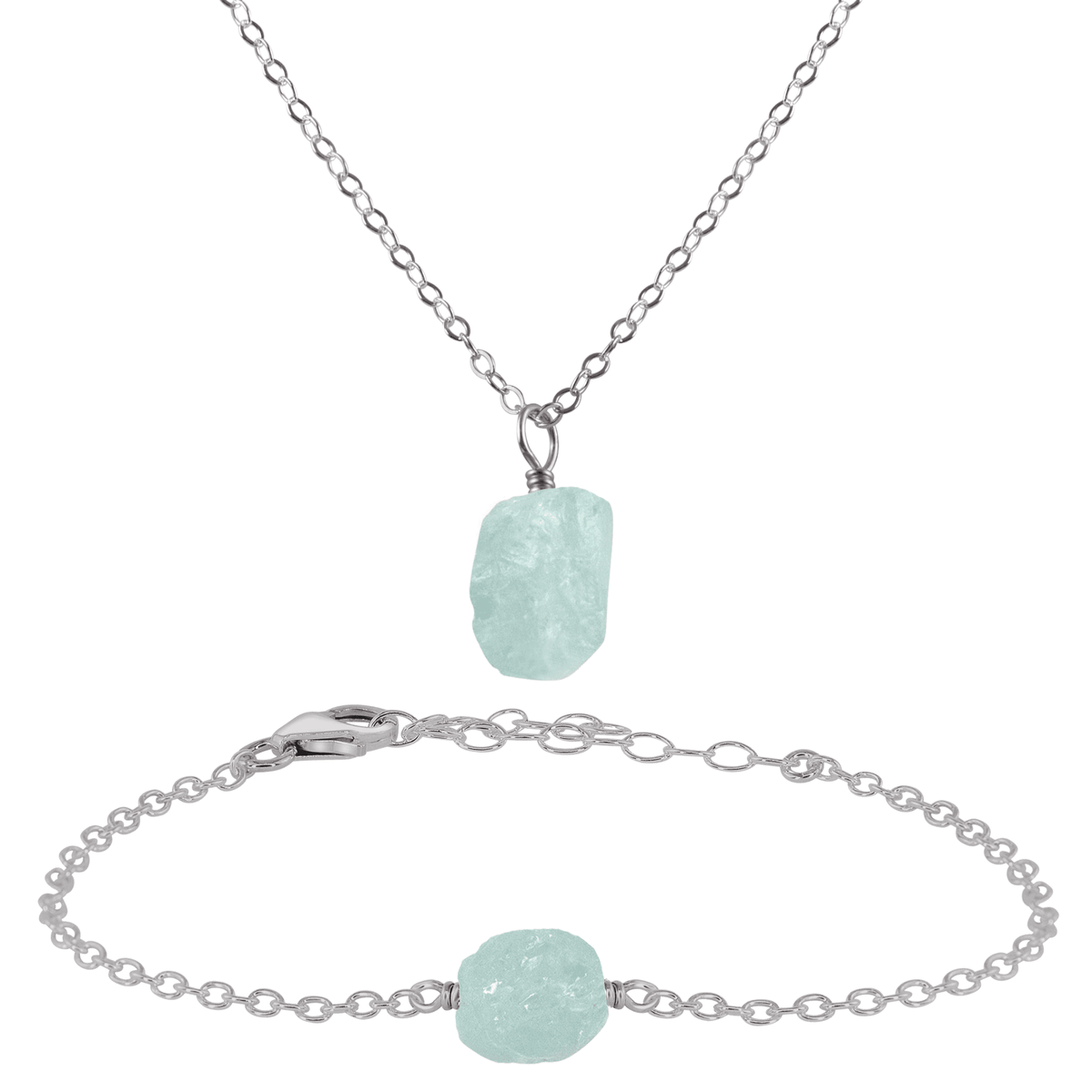 Raw Aquamarine Crystal Necklace & Bracelet Set - Raw Aquamarine Crystal Necklace & Bracelet Set - Stainless Steel - Luna Tide Handmade Crystal Jewellery