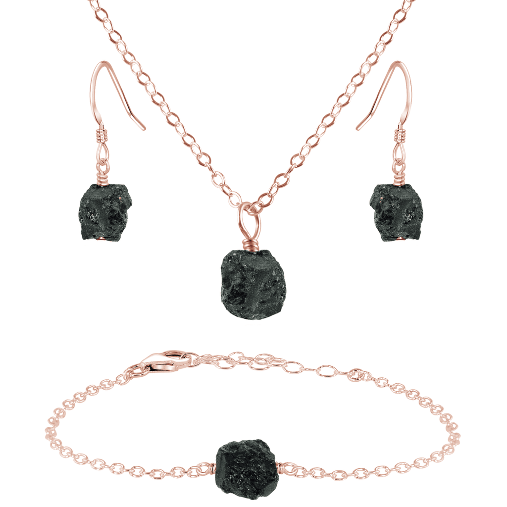 Raw Black Tourmaline Crystal Earrings, Necklace & Bracelet Set - Raw Black Tourmaline Crystal Earrings, Necklace & Bracelet Set - 14k Rose Gold Fill - Luna Tide Handmade Crystal Jewellery