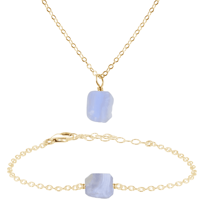 Raw Blue Lace Agate Crystal Necklace & Bracelet Set - Raw Blue Lace Agate Crystal Necklace & Bracelet Set - 14k Gold Fill - Luna Tide Handmade Crystal Jewellery