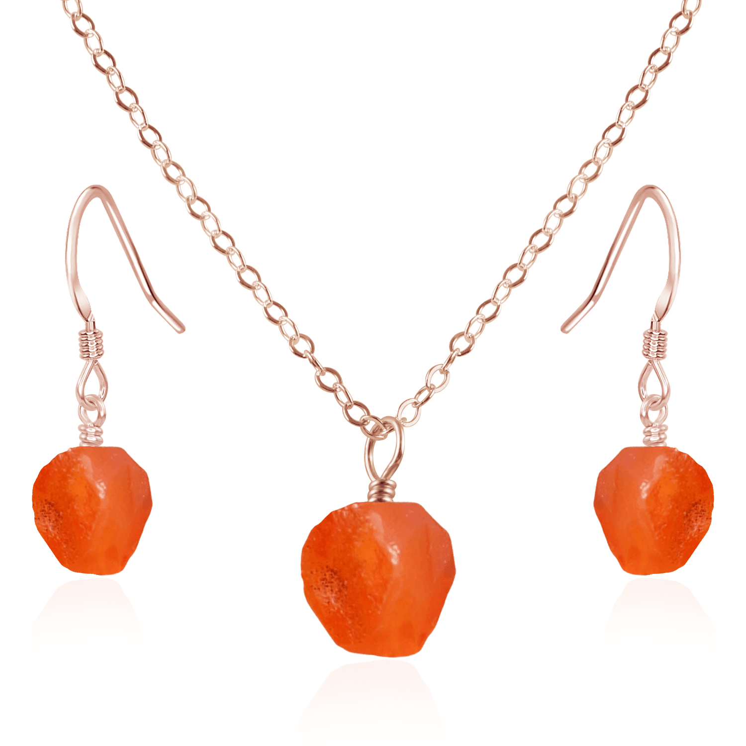 Raw Carnelian Crystal Jewellery Set - Raw Carnelian Crystal Jewellery Set - 14k Rose Gold Fill / Cable / Necklace & Earrings - Luna Tide Handmade Crystal Jewellery