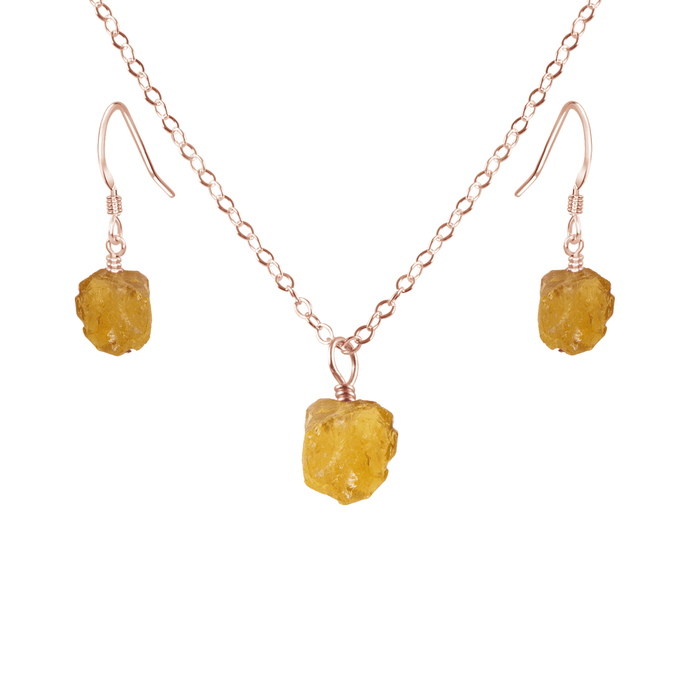 Raw Citrine Crystal Earrings & Necklace Set - Raw Citrine Crystal Earrings & Necklace Set - 14k Rose Gold Fill / Cable - Luna Tide Handmade Crystal Jewellery