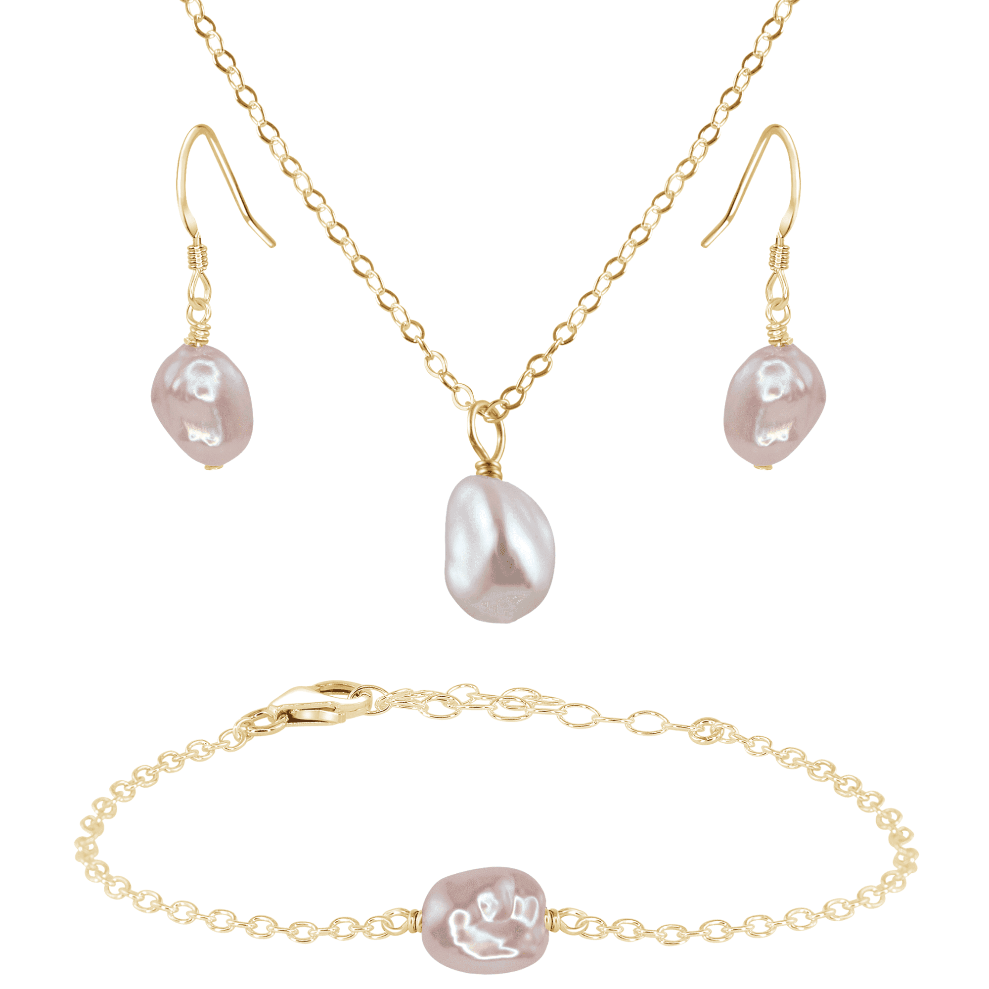 Raw Freshwater Pearl Crystal Earrings, Necklace & Bracelet Set - Raw Freshwater Pearl Crystal Earrings, Necklace & Bracelet Set - 14k Gold Fill - Luna Tide Handmade Crystal Jewellery