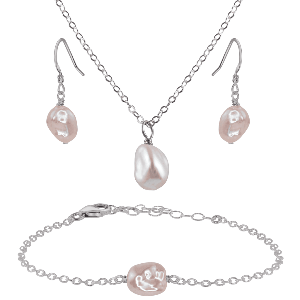 Raw Freshwater Pearl Crystal Earrings, Necklace & Bracelet Set - Raw Freshwater Pearl Crystal Earrings, Necklace & Bracelet Set - Stainless Steel - Luna Tide Handmade Crystal Jewellery