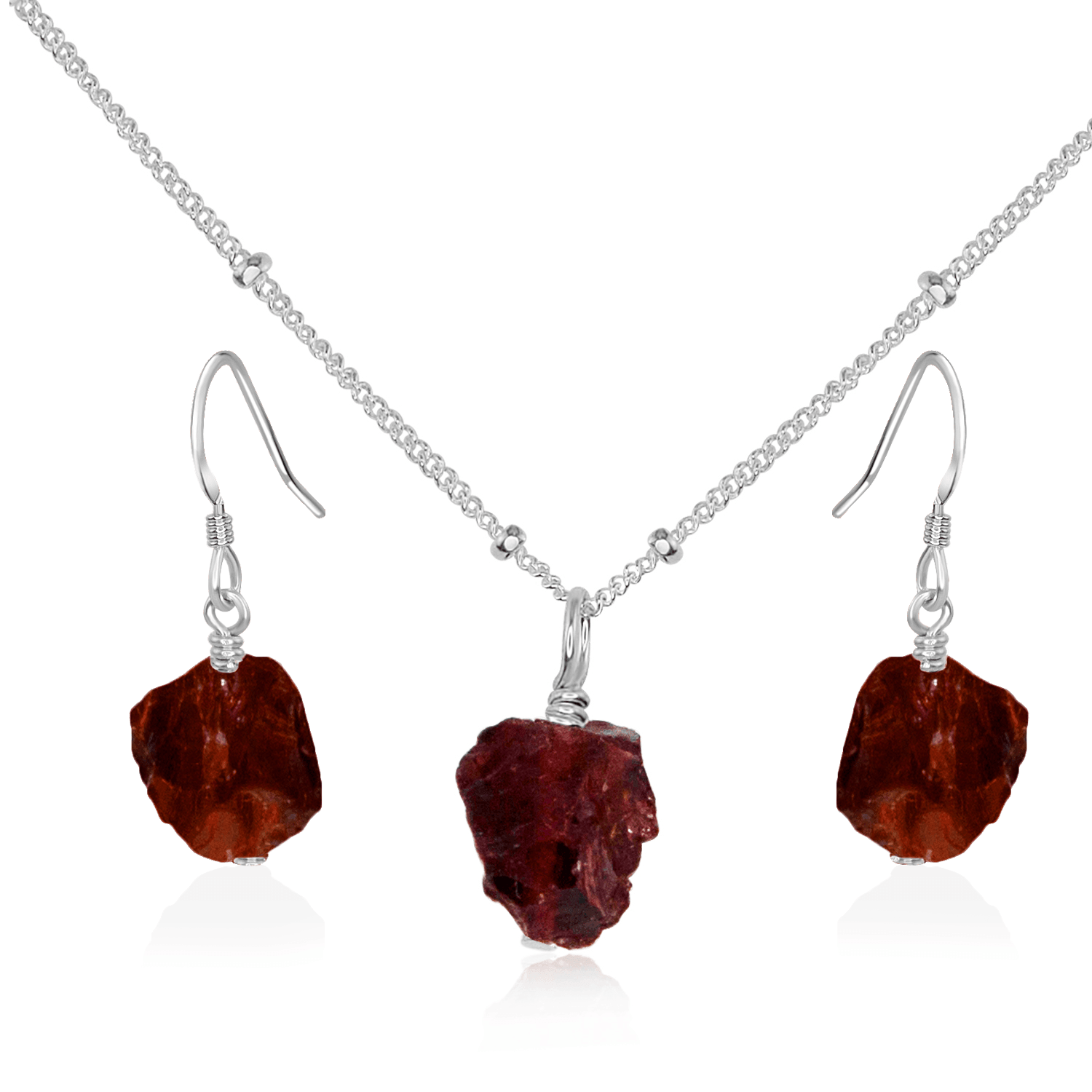 Raw Garnet Crystal Jewellery Set - Raw Garnet Crystal Jewellery Set - Sterling Silver / Satellite / Necklace & Earrings - Luna Tide Handmade Crystal Jewellery