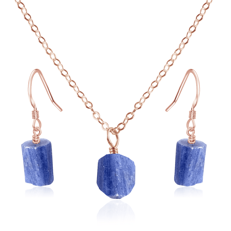 Raw Kyanite Crystal Earrings & Necklace Set - Raw Kyanite Crystal Earrings & Necklace Set - 14k Rose Gold Fill / Cable - Luna Tide Handmade Crystal Jewellery