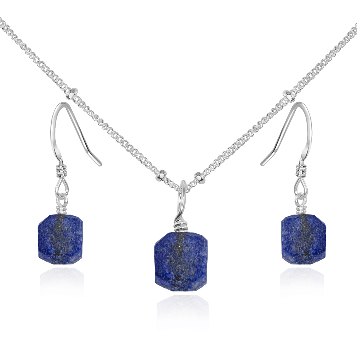 Raw Lapis Lazuli Crystal Earrings & Necklace Set - Raw Lapis Lazuli Crystal Earrings & Necklace Set - Sterling Silver / Satellite - Luna Tide Handmade Crystal Jewellery