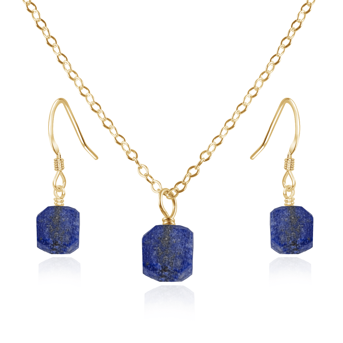Raw Lapis Lazuli Crystal Earrings & Necklace Set - Raw Lapis Lazuli Crystal Earrings & Necklace Set - 14k Gold Fill / Cable - Luna Tide Handmade Crystal Jewellery