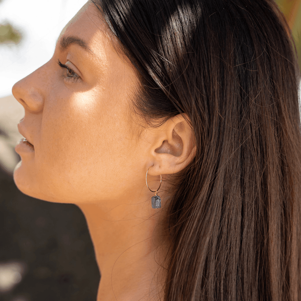 Raw Lapis Lazuli Gemstone Dangle Hoop Earrings - Raw Lapis Lazuli Gemstone Dangle Hoop Earrings - 14k Gold Fill - Luna Tide Handmade Crystal Jewellery