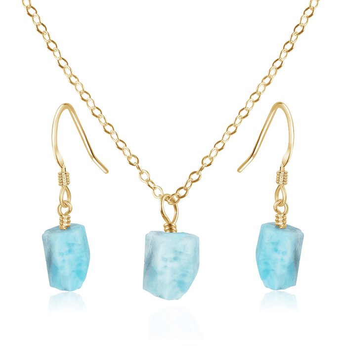 Raw Larimar Crystal Jewellery Set - Raw Larimar Crystal Jewellery Set - 14k Gold Fill / Cable / Necklace & Earrings - Luna Tide Handmade Crystal Jewellery