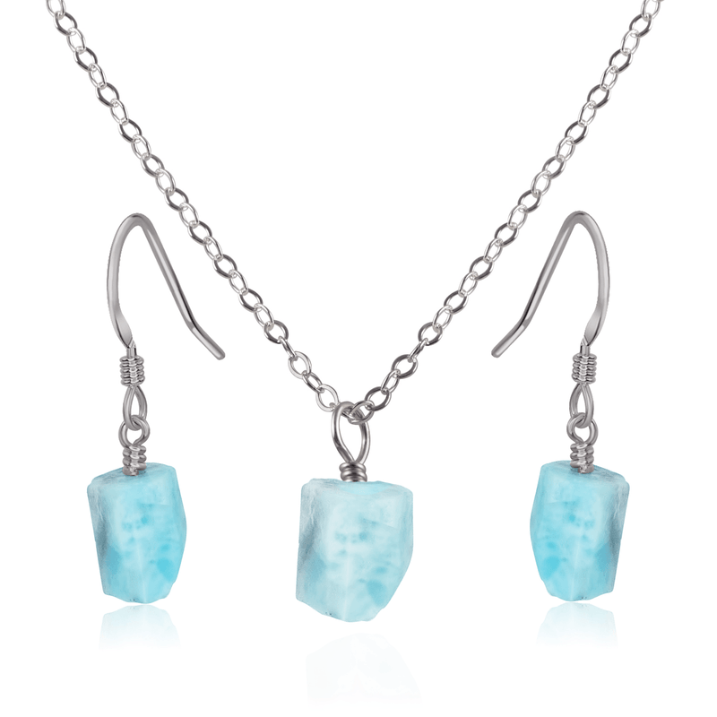 Raw Larimar Crystal Earrings & Necklace Set - Raw Larimar Crystal Earrings & Necklace Set - Stainless Steel / Cable - Luna Tide Handmade Crystal Jewellery