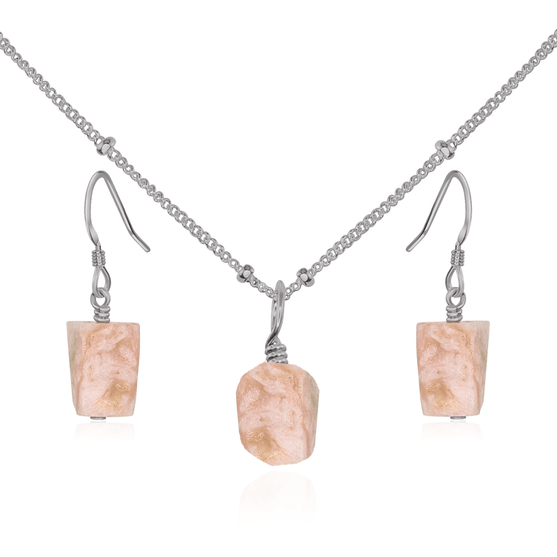 Raw Pink Peruvian Opal Crystal Earrings & Necklace Set - Raw Pink Peruvian Opal Crystal Earrings & Necklace Set - Stainless Steel / Satellite - Luna Tide Handmade Crystal Jewellery