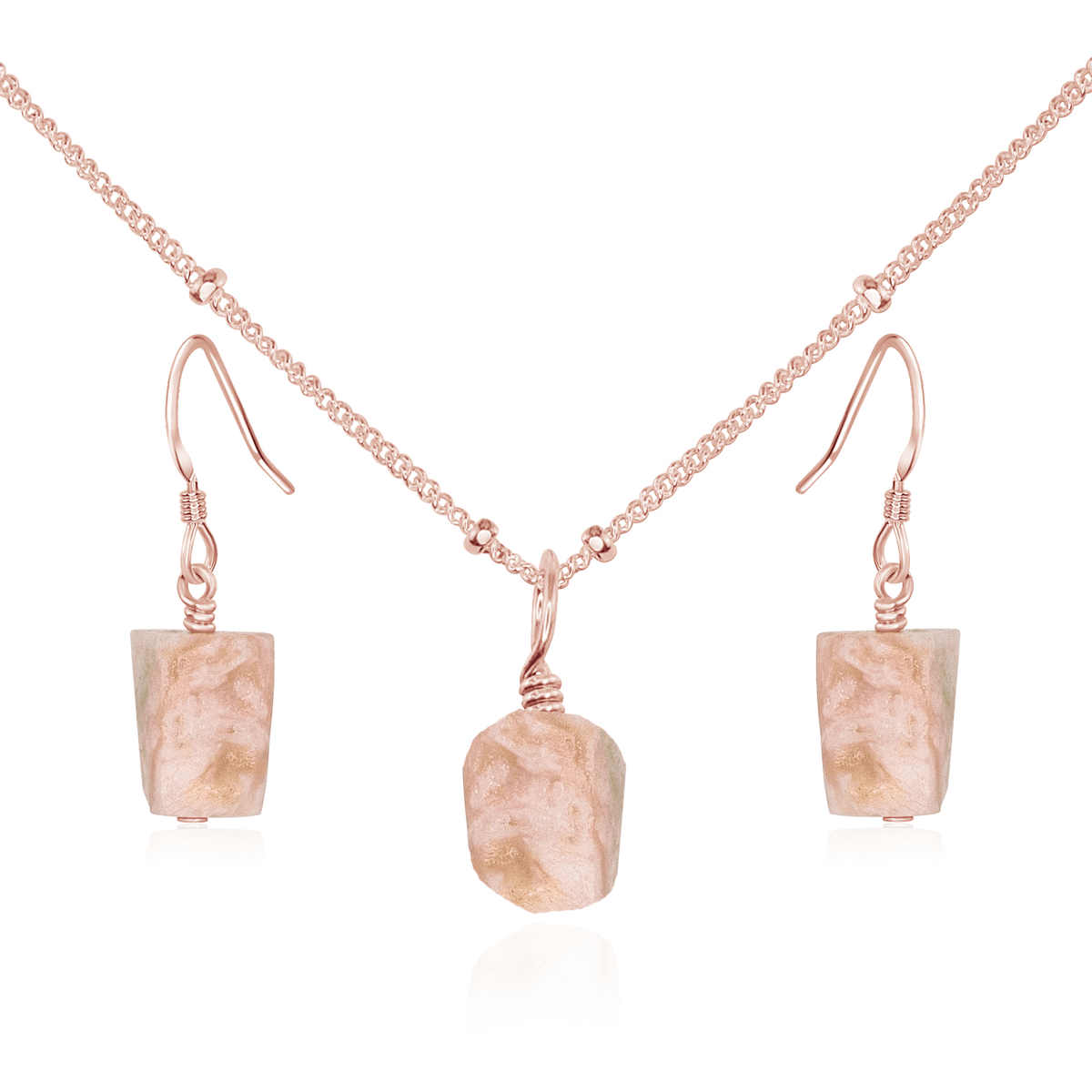 Raw Pink Peruvian Opal Crystal Earrings & Necklace Set - Raw Pink Peruvian Opal Crystal Earrings & Necklace Set - 14k Rose Gold Fill / Satellite - Luna Tide Handmade Crystal Jewellery