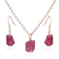 Raw Pink Tourmaline Crystal Earrings & Necklace Set - Raw Pink Tourmaline Crystal Earrings & Necklace Set - 14k Rose Gold Fill / Cable - Luna Tide Handmade Crystal Jewellery