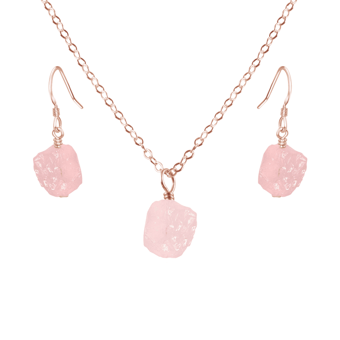 Raw Rose Quartz Crystal Earrings & Necklace Set - Raw Rose Quartz Crystal Earrings & Necklace Set - 14k Rose Gold Fill / Cable - Luna Tide Handmade Crystal Jewellery