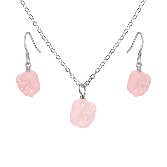 Raw Rose Quartz Crystal Earrings & Necklace Set - Raw Rose Quartz Crystal Earrings & Necklace Set - Stainless Steel / Cable - Luna Tide Handmade Crystal Jewellery