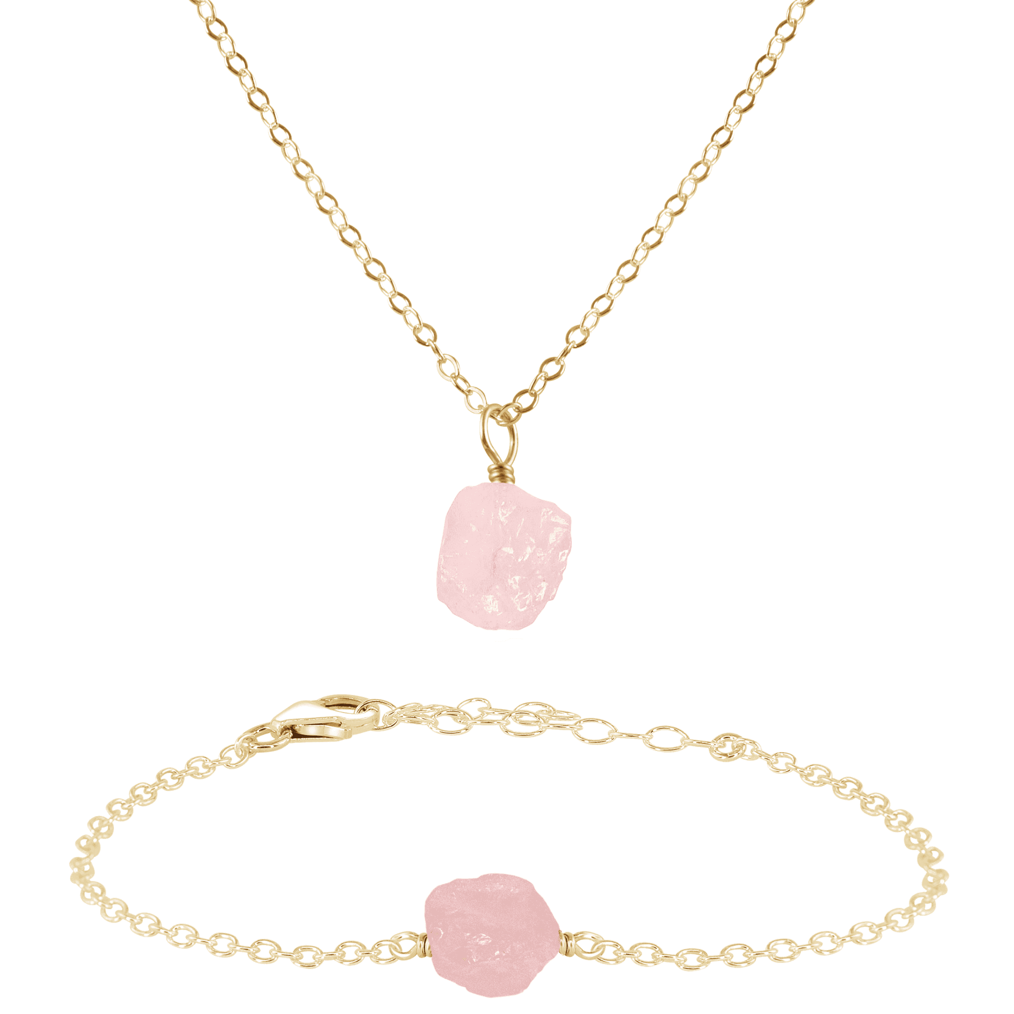 Raw Rose Quartz Crystal Necklace & Bracelet Set - Raw Rose Quartz Crystal Necklace & Bracelet Set - 14k Gold Fill - Luna Tide Handmade Crystal Jewellery