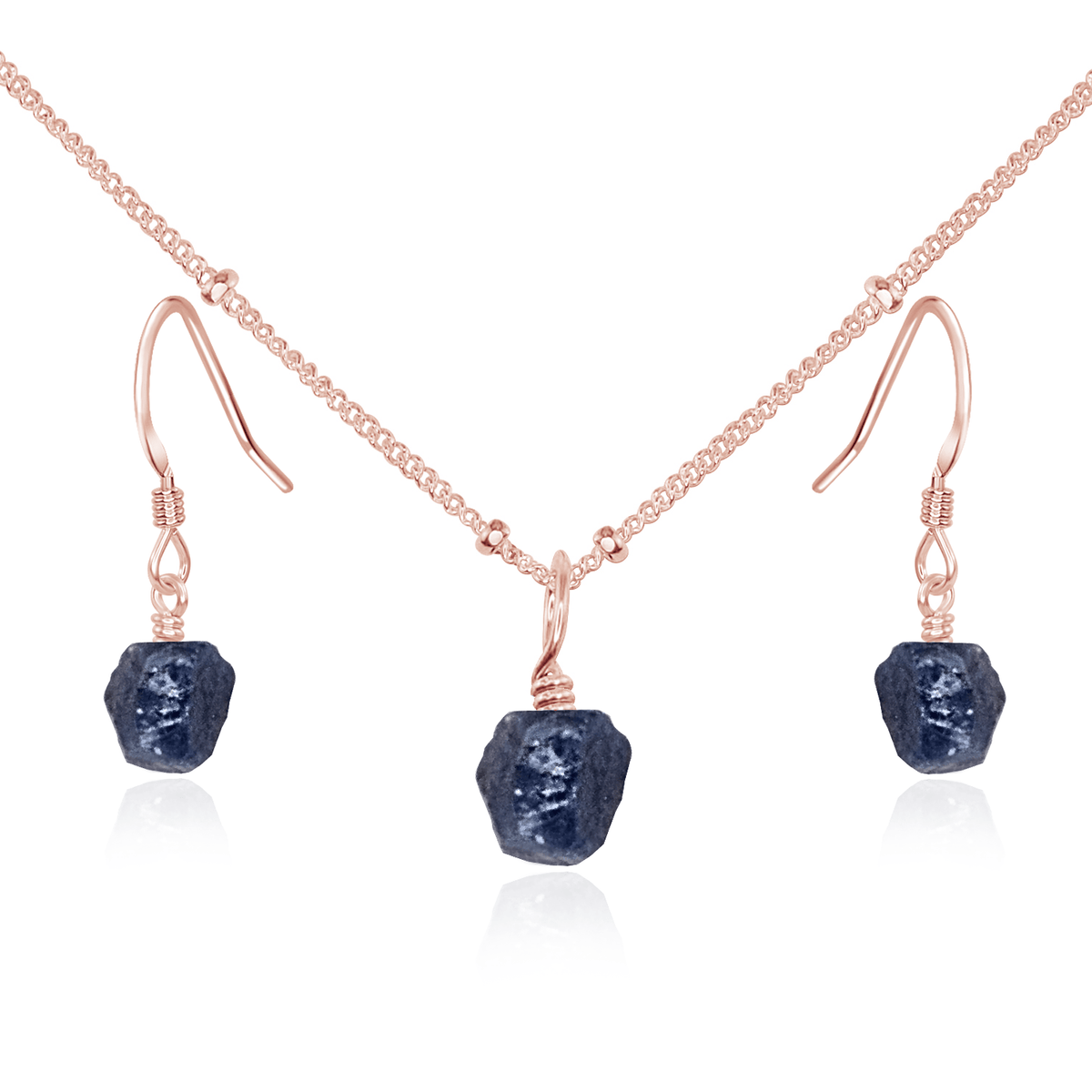 Raw Sapphire Crystal Earrings & Necklace Set - Raw Sapphire Crystal Earrings & Necklace Set - 14k Rose Gold Fill / Satellite - Luna Tide Handmade Crystal Jewellery