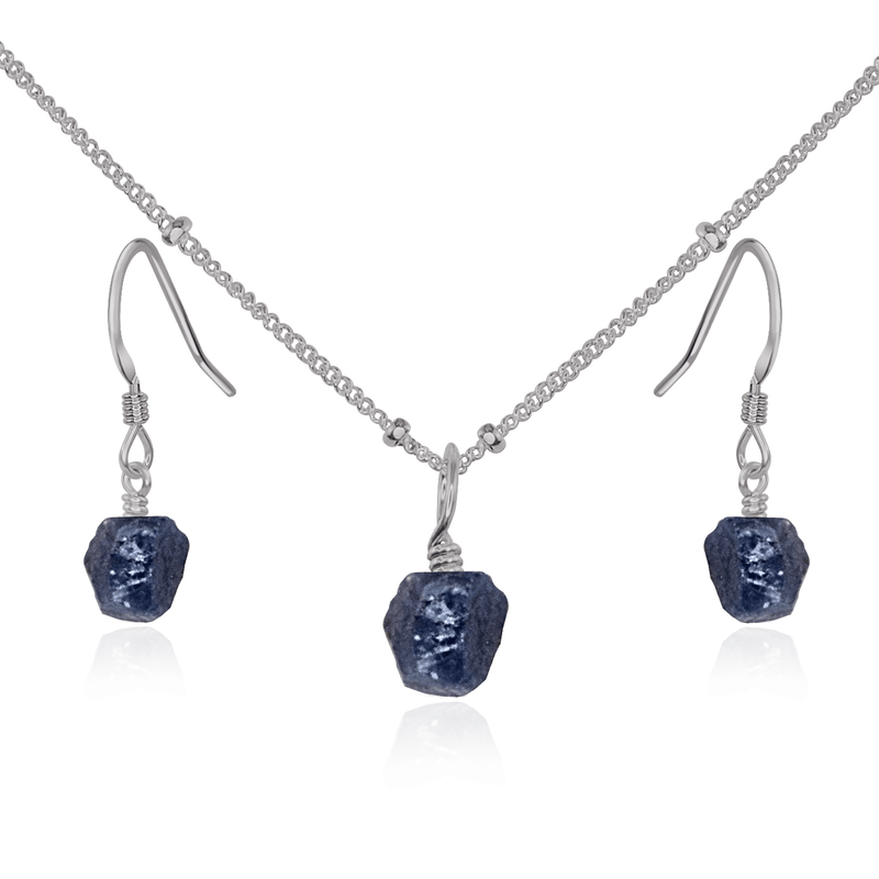 Raw Sapphire Crystal Earrings & Necklace Set - Raw Sapphire Crystal Earrings & Necklace Set - Stainless Steel / Satellite - Luna Tide Handmade Crystal Jewellery