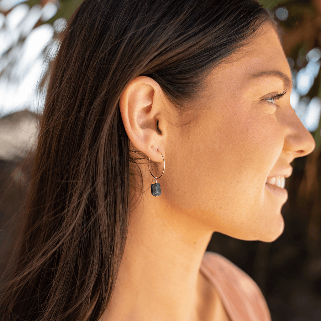 Raw Sapphire Gemstone Dangle Hoop Earrings - Raw Sapphire Gemstone Dangle Hoop Earrings - 14k Gold Fill - Luna Tide Handmade Crystal Jewellery