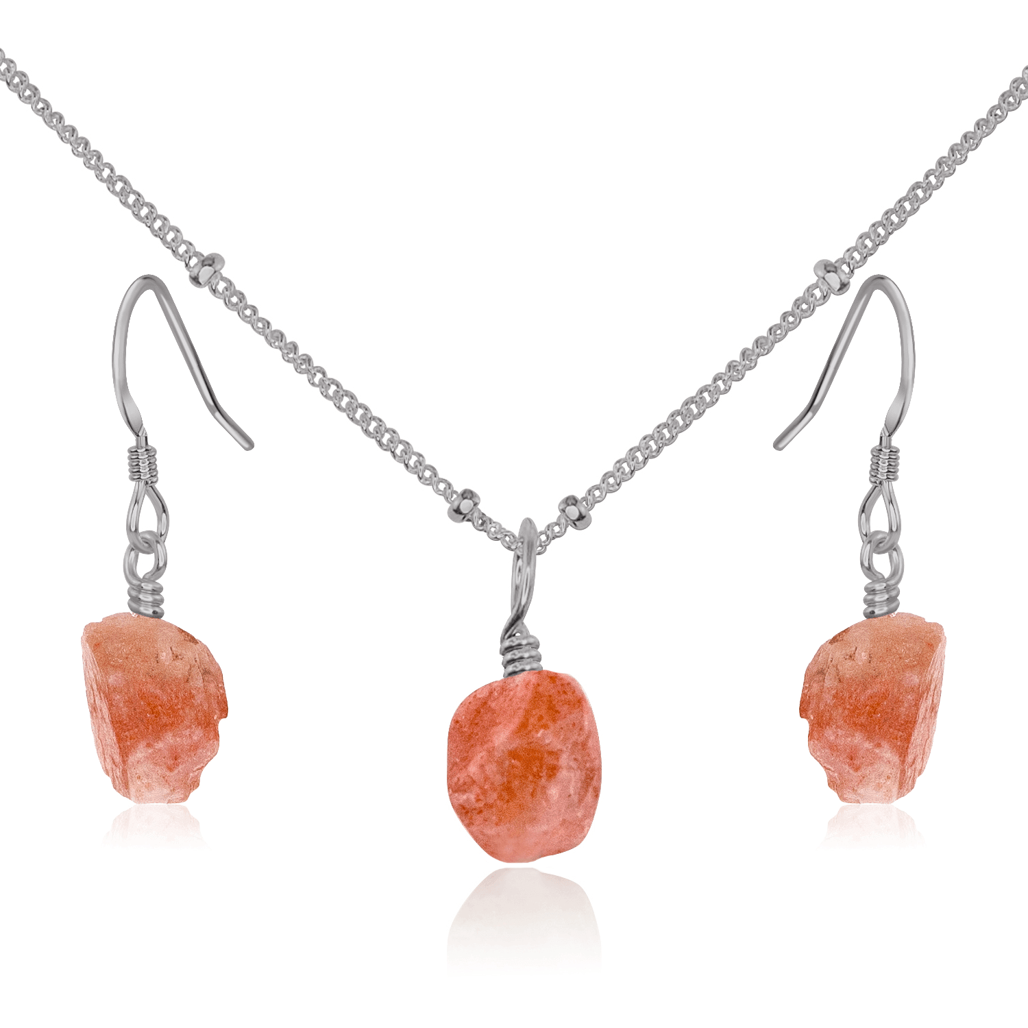Raw Sunstone Crystal Jewellery Set - Raw Sunstone Crystal Jewellery Set - Stainless Steel / Satellite / Necklace & Earrings - Luna Tide Handmade Crystal Jewellery