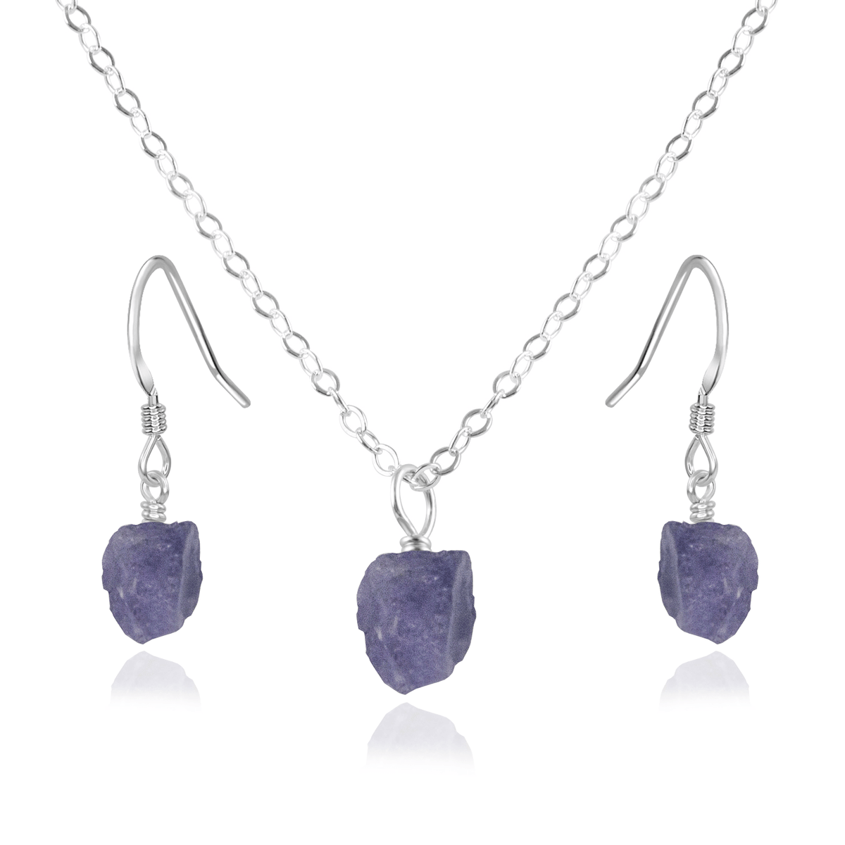 Raw Tanzanite Crystal Earrings & Necklace Set - Raw Tanzanite Crystal Earrings & Necklace Set - Sterling Silver / Cable - Luna Tide Handmade Crystal Jewellery