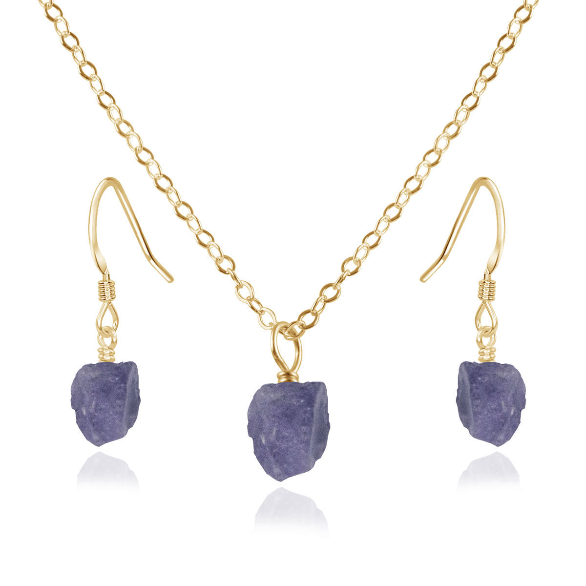 Raw Tanzanite Crystal Earrings & Necklace Set - Raw Tanzanite Crystal Earrings & Necklace Set - 14k Gold Fill / Cable - Luna Tide Handmade Crystal Jewellery
