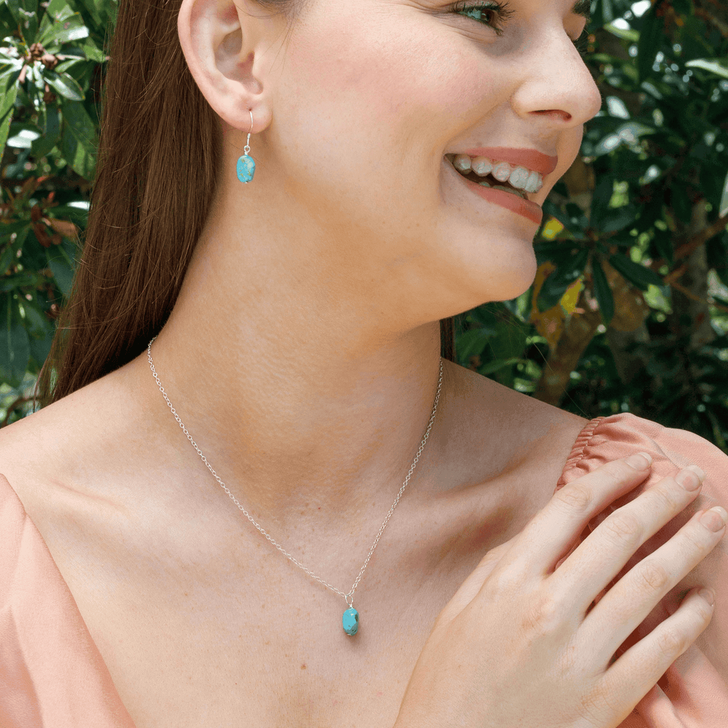 Raw Turquoise Crystal Earrings & Necklace Set - Raw Turquoise Crystal Earrings & Necklace Set - Sterling Silver / Cable - Luna Tide Handmade Crystal Jewellery